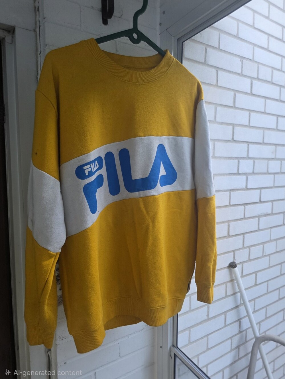 VINTAGE FILA Men's Mustard Yellow Crewneck with Blue Logo Size Large